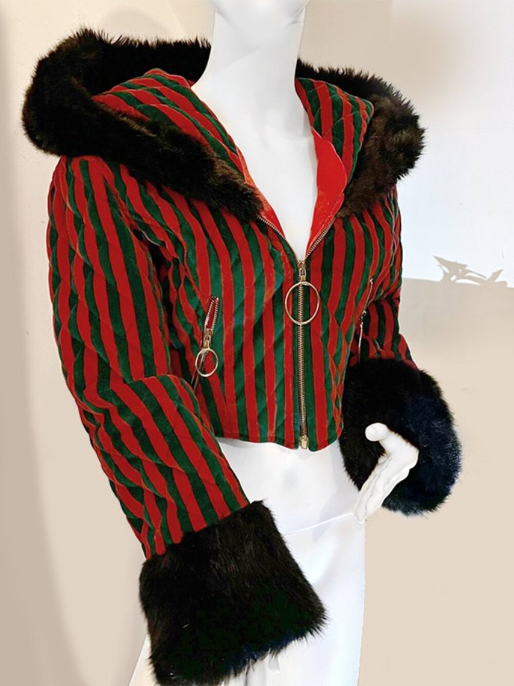 Moschino Striped "Elf" Jacket Sz 8, Red and Green Velvet and Fur - Authentic